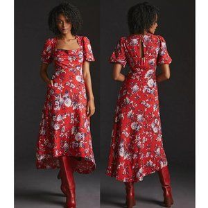 NEW Anthropologie Maeve Floral Puff-Sleeve Midi Dress Red Square Neck